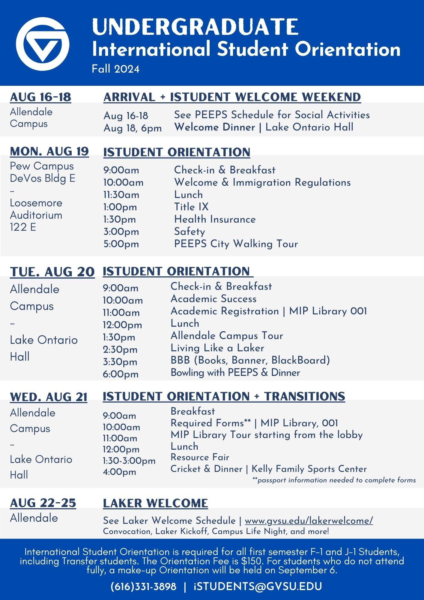 Fall 2024 International Student Undergraduate Orientation Schedule